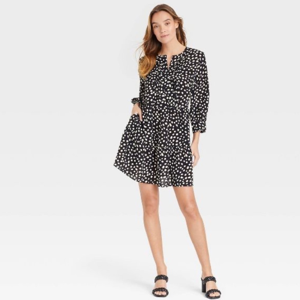 Who What Wear plus sz 1x Bishop 3/4 Sleeve mini dress black white polka dot new